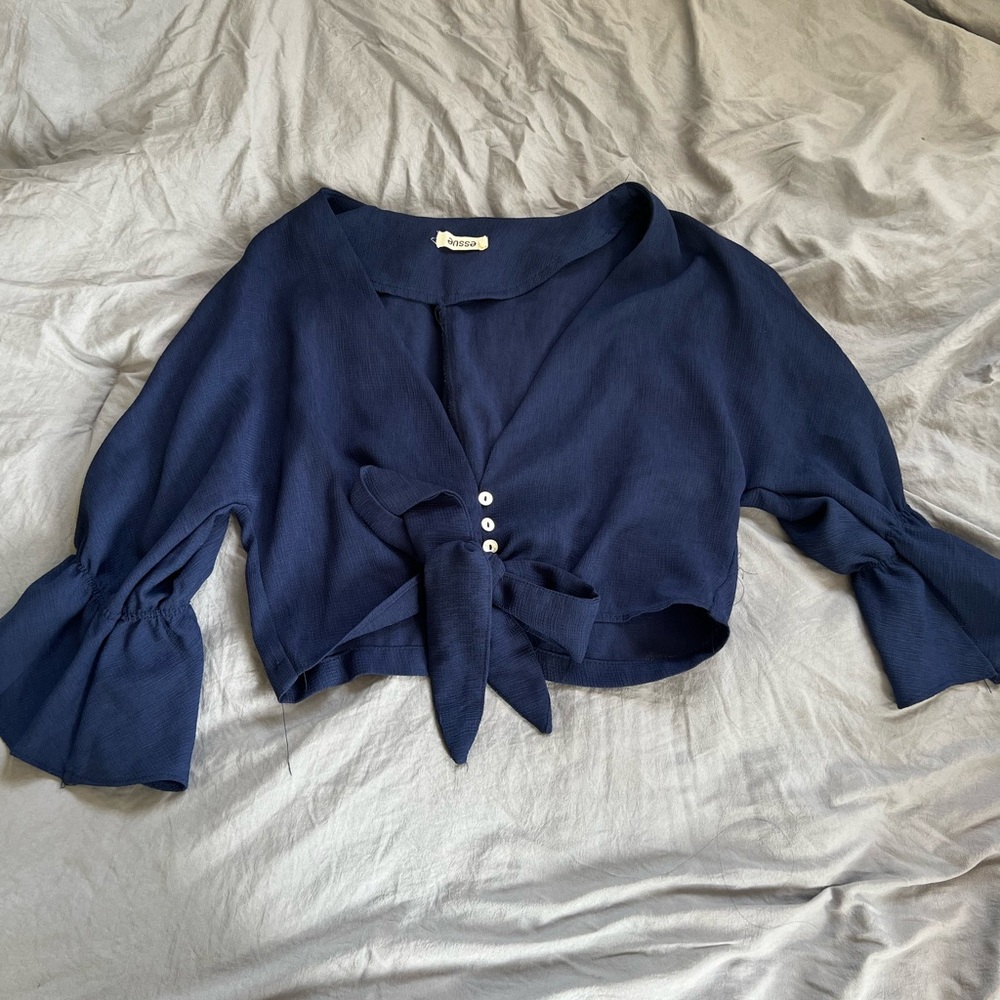 Navy Blue Women's Top with Tie Front